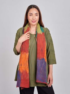 Crafted from merino wool on silk, this This Nuno-felt wool/silk scarf is an Impressionist-inspired. All our felt scarves are manufactured using high quality merino wool. Our products are fully environment friendly as no harmful colors and dyes are used in the product. 60% merino wool & 40% Silk Handmade Spot Clean or Dry Clean Made in Nepal Artsy Multicolor Handmade Scarves, Artsy Handmade Multicolor Scarves, Handmade Multicolor Scarf One Size, Handmade Multicolor Winter Scarves, Nuno Felted Scarves, Nuno Felt, Felt Wool, Felted Scarves, Environment Friendly