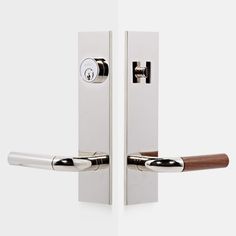 an open door with two handles and a wooden handle on the outside, in white background