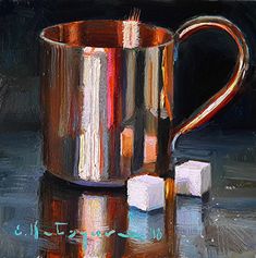 a painting of a copper mug and sugar cubes on a reflective surface with black background