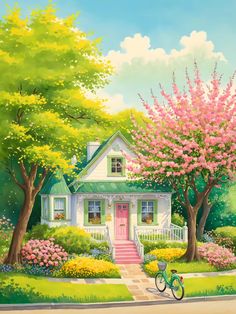 a painting of a house with trees, flowers and a bicycle parked in front of it