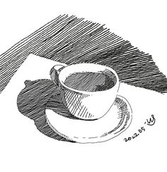 a drawing of a coffee cup and saucer on a plate with napkins next to it