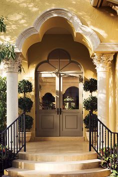 an entry way with steps leading to the front door and potted plants on either side