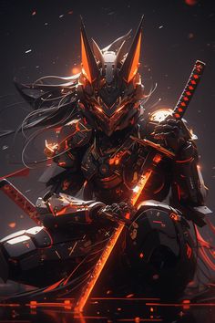 a futuristic robot holding two swords in front of a black background with orange and red lights