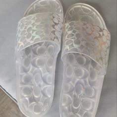 Coach Flip Flops Never Used Brand New Coach Open Toe Heels For Beach, Coach Flat Synthetic Slides, Elegant Silver Beach Flip Flops, Coach Open Toe Synthetic Sandals, Coach Flip Flops, Gladiator Wedge Sandals, Gladiator Wedges, Beaded Flip Flops, Canvas Sandals