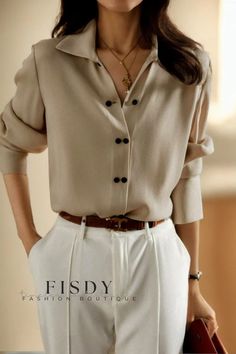 Fisdy - Blusa urbana de manga larga y cuello holgado Dark French Aesthetic Outfit, Sophisticated Office Outfit, Business Casual Skirts And Dresses, Korean Fashion Office Casual, Executive Assistant Outfit Plus Size, Summer Business Dress, Korean Style Outfits Women, Professional Chic Outfits, Lawyer Wardrobe