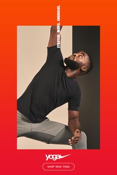 a man in black shirt and grey pants doing yoga pose with his hands behind his head