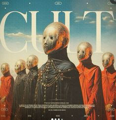 an advertisement for cult featuring five men in red robes and one wearing a helmet with the word cult written on it