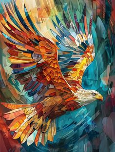 a painting of an eagle flying through the air with its wings spread out and colorful colors