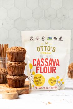 a bag of cassava flour next to some muffins