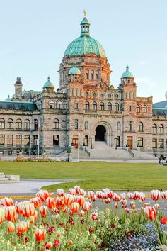 a large building with many flowers in front of it