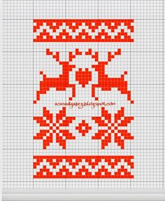 a red and white cross stitch pattern with reindeers on the side, in squares