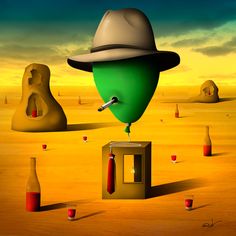 a painting of a man with a hat on top of a box in the desert