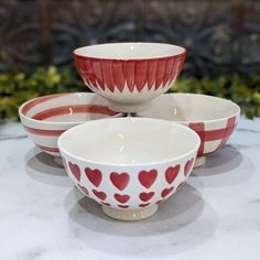 Set of Four Hand-Painted Latte Bowl Red & White (HEARTS) - Marmalade Mercantile Dessert Rice, Floral Candle Rings, Seed Kit, Pumpkin Garland, Autumn Candle, Summer Candles, Wall Decor Crafts, Cafe Bistro, Christmas Scents