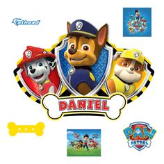 the paw patrol logo is shown with three dogs and a fireman's hat