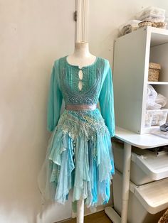 Wedding Dress for Mermaids Ocean Colours, Bridal Gown Ethereal With Long Sleeves, Raw Rags - Etsy Ocean Dress Inspiration, Ocean Dresses, Gown Ethereal, Mermaid Clothes, Twist Wonderland, Clown Oc, Ocean Dress, Ancient Magic, Mermaid Outfit