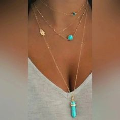 Multilayer Eyes Natural Turquoise Crystal Column Malachite Pendant Necklace Combination Bling Choker, Star And Moon Necklace, Handmade Evil Eye, Malachite Pendant, Womens Rings Fashion, Turquoise Crystal, Statement Choker Necklace, Blue Pendant, Jewelry Blue