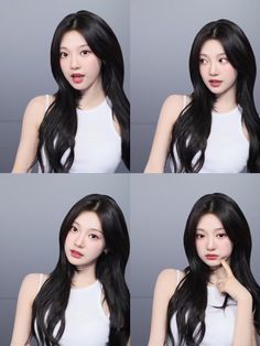 four pictures of a woman with long black hair