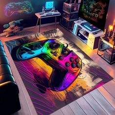 a colorful video game controller rug in a living room