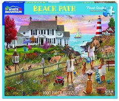 a jigsaw puzzle with people and dogs in front of a house by the ocean