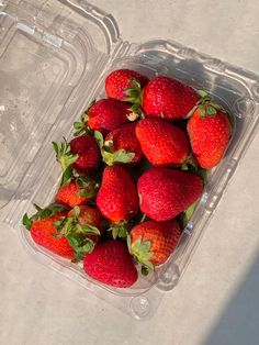 a plastic container filled with lots of strawberries on top of a cement floor next to a cup