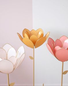 three different colored flowers on sticks in front of a white wall and pink flooring