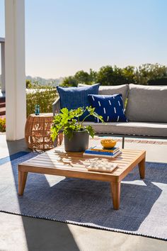 a table with a potted plant sitting on top of it next to a couch