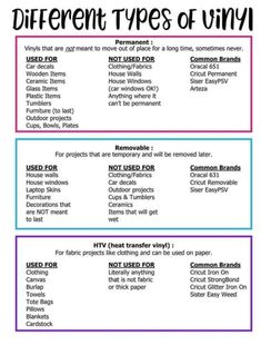 three different types of vinyl labels with the words different types of vinyl on them in purple, blue and pink