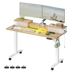 a computer desk with two monitors on it