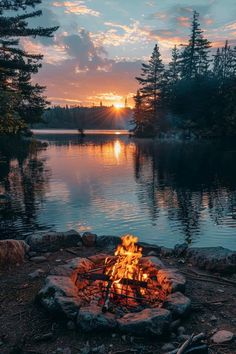 a fire pit sitting in the middle of a forest next to a body of water