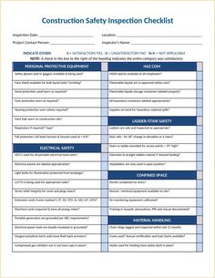 the construction safety inspection checklist is shown in blue and white, with instructions on how to