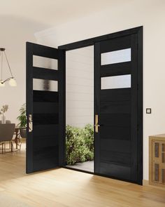 an open black door in a white room