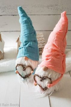 two gnomes with glasses and hats on their heads