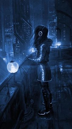 a woman standing in front of a window looking out at the cityscape with lights on