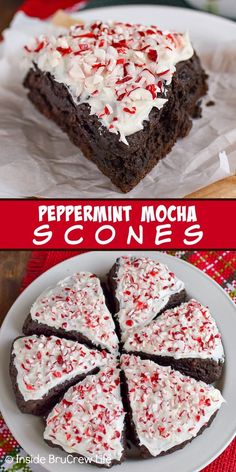 peppermint mocha brownies with white frosting and sprinkles