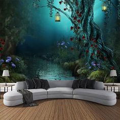 a living room scene with a couch and wall mural