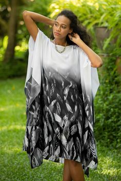 This unique asymmetrical caftan can be worn as a dress, loungewear, or coverup at the pool or beach. The cool cotton fabric transitions from white to grey to black, with a print of falling leaves that is created using the batik method. Thai artisan Akkaraphon hand-paints the fabric with patterns in wax before it is dyed. Asymmetrical Clothes, Dress Loungewear, Blue Wrap Dress, Cotton Caftan, Batik Art, Tunic Pattern, Design Dresses, Falling Leaves, Caftan Dress