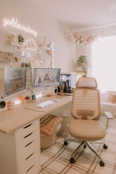 an office with two computer screens and a chair in front of the desk is shown