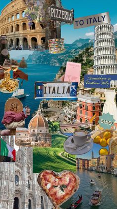 the collage shows many different places in italy