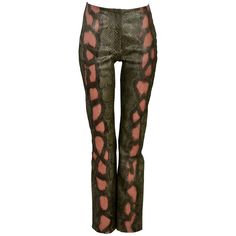 Resurrection Vintage is excited to offer a pair of vintage Jean-Claude Jitrois green and pink python leather pants featuring a center front zipper, front panel lining, slim fit, and a leather back panel. Appear unworn. Jitrois, Paris Size: Small Measurements: Wasit about 26", Hips about 32" (Leather Has Some Stretch or Give) Python and Leather Excellent Vintage Condition Authenticity Guaranteed Pink Python, Green Python, Unique Pants, Statement Pants, Vintage Versace, Leather Pant, Chic Leather, Leather Jeans, Virtual Fashion