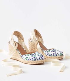 Done in pretty florals, these bohemian-chic espadrilles give every outfit a fresh lift. Padded footbed for comfort. 3 1/2" heel.,Imported:Imported Loft Floral Espadrille Wedges Size 7 1/2 Women's by Loft Size Regular - 7 1/2 Multicolor Women's High, Heels, &, Pumps, Footwear Floral Wedges Shoes, Cute Sandals Aesthetic, Cute Wedge Heels, Shoes For Summer 2024, Whimsical Shoes, Coach Outfits, Fairy Whimsical, Floral Espadrilles, Dresses Graduation