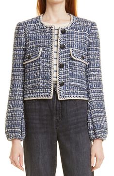 Free shipping and returns on Veronica Beard Brim Cotton Blend Tweed Jacket at Nordstrom.com. Billowed sleeves soften the 9-to-5 nature of a classic tweed jacket, outlined with contrast trim and cut to a waist-skimming length. Tweed Jacket Outfit, Veronica Beard, Contrast Trim, Tweed Jacket, Outfit Idea, Jacket Outfits, Everyday Outfits, Everyday Fashion, What To Wear