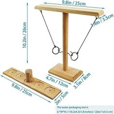 an image of a wooden swing set with measurements for the size and width on it