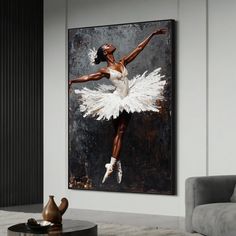 a painting of a ballerina in white is hanging on the wall