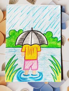 a child's drawing of a person holding an umbrella over their head in the rain