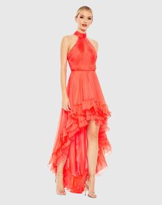 Ruffle Tiered High Low Pleated Halter Neck Gown High Low Evening Dresses, Halter Neck Gown, Organza Gown, Mac Duggal Dress, Gown Gold, High Low Gown, Organza Gowns, Mac Duggal Dresses, Halter Gown