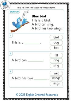 the blue bird worksheet is shown with words and pictures on it, including two lines