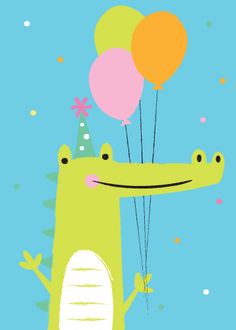 a green alligator holding balloons in its mouth