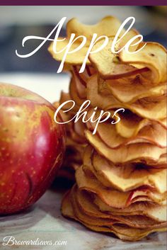 an apple and stack of pancakes with the words apple chips written above it in white