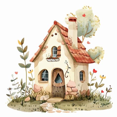 Download this Premium Vector about Little_house_watercolor_cartoon_cute_Vector, and discover more than 15 Million Professional Graphic Resources on Freepik Cute House Drawing Aesthetic, Cute Cottage Illustration, Building Illustration Simple, Cute House Painting, Cartoon House Drawing, Small House Cartoon, Cute House Illustration, House Illustration Art, Cartoon Cottage