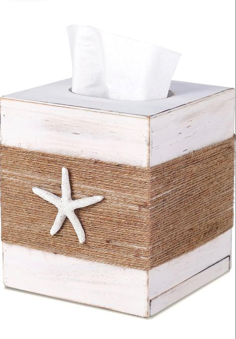 SOMTO Beach Rustic White Wood Square Tissue Box Cover,Farmhouse Bathroom Accessories Starfish Decor Tissue Holder with Slide-Out Bottom Panel Farmhouse Bathroom Accessories, Square Tissue Box Cover, Starfish Decor, Tissue Box Cover, Tissue Holder, Rustic White, Wood Square, Farmhouse Bathroom, Tissue Box